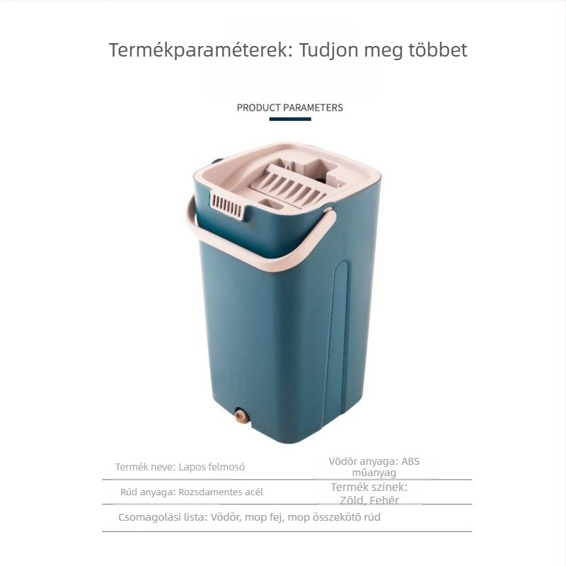 Lapos mop otthoni tisztításhoz szennyvíz elválasztó rendszerrel, kéz nélküli kinyomással és vödörrel