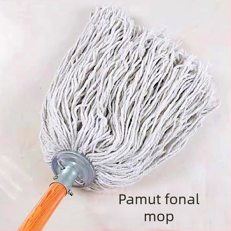 Fa nyélű pamutfonalú mop, kerek fejű, iskolai és szállodai takarításhoz.