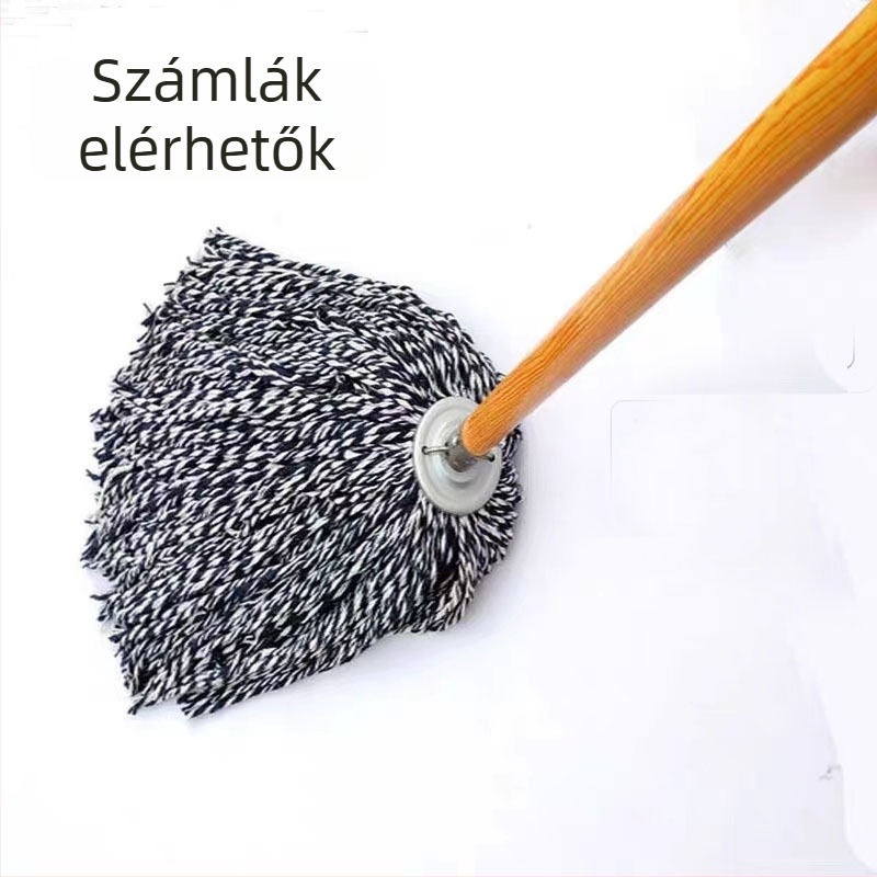 Fa nyélű pamutfonalú mop, kerek fejű, iskolai és szállodai takarításhoz.