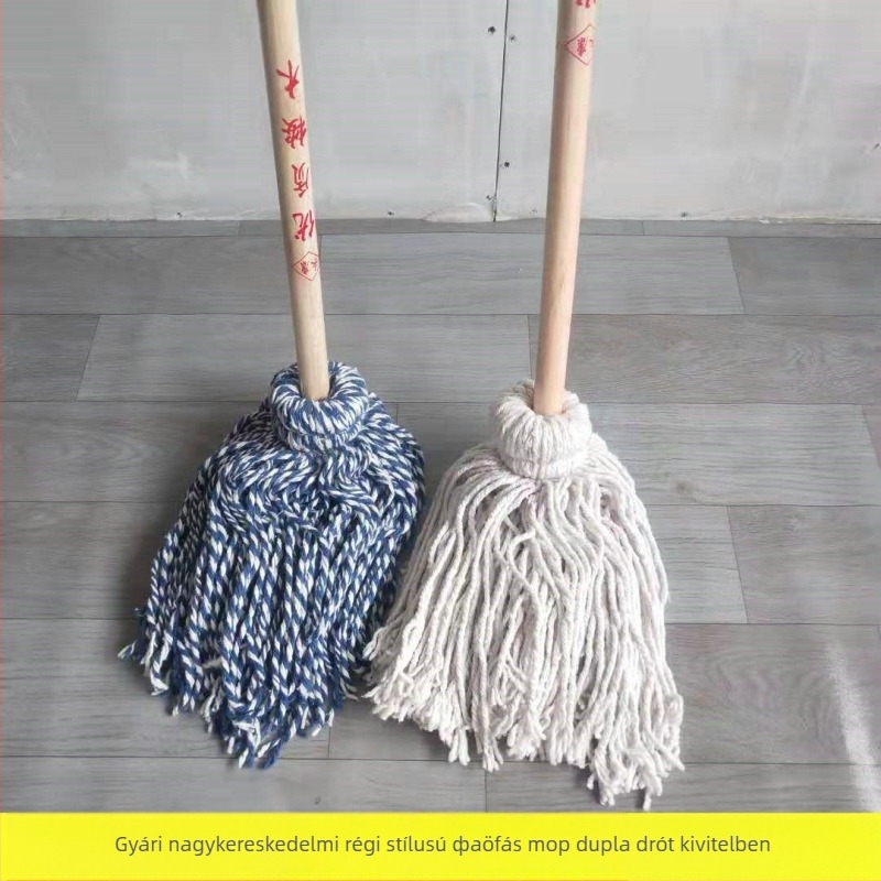 Pamut fonalból készült mop, körkörös fejjel és fa nyéllel, hosszabbított fej, nedvszívó padló mop