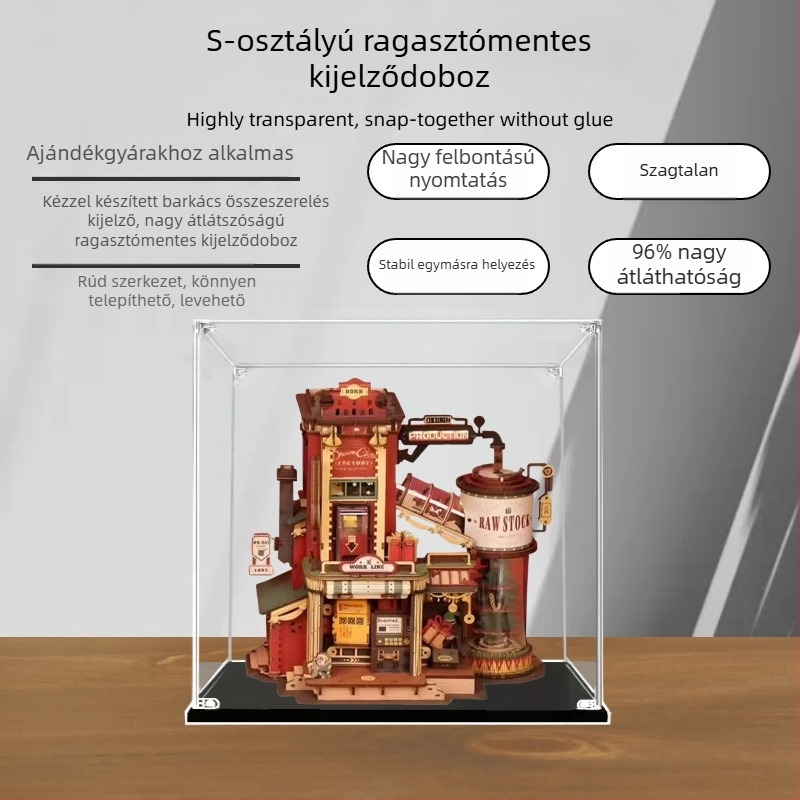 Akril kijelző doboz kézzel készített díszekhez és figurákhoz, porvédő tároló