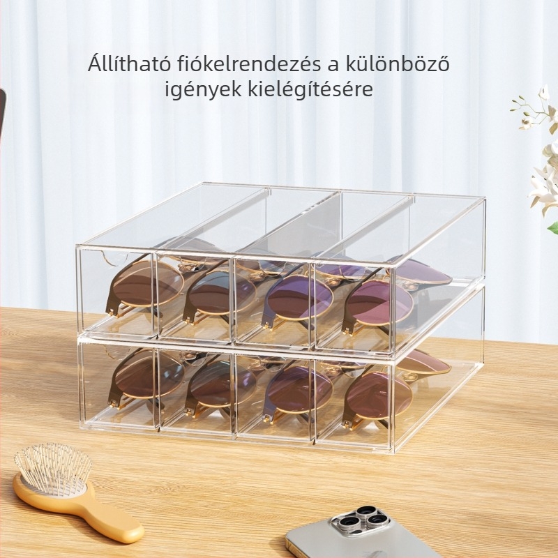 Akril szemüvegtartó, négy rétegben összekapcsolható asztali kiállító- és tároló doboz rekeszekkel