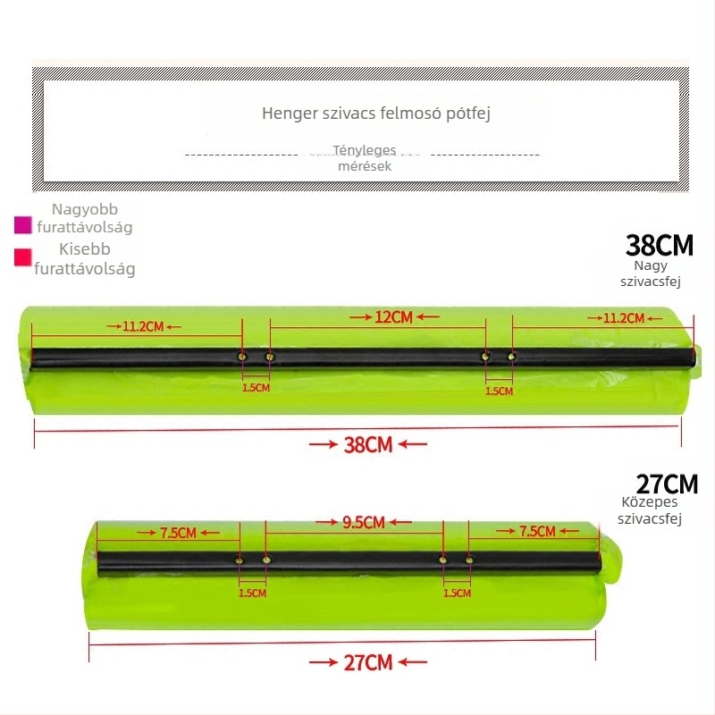 27 cm-es görgős mopfej, 38 cm-es préselt szivacs fej, PVA abszorberes cserélhető fej, mop-kiegészítők