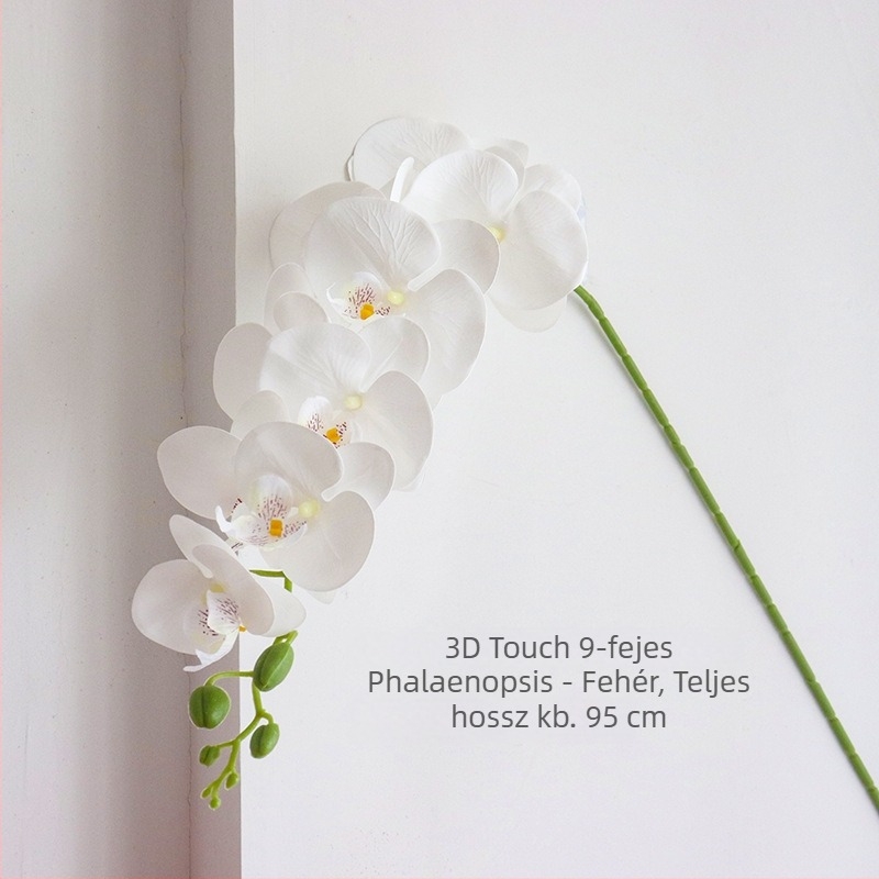 Fehér Phalaenopsis művirág kilenc fejű, 3D nyomtatott textúrával, elegáns otthoni és esküvői dekoráció