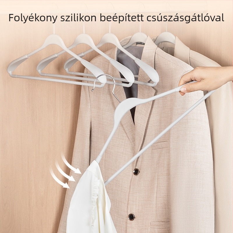 Széles vállú öltönyakasztó folyékony szilikon bevonattal, bőrérzetű gumis felülettel, vastított csúszásmentes kialakítással, nyom nélkül, trenčkotokhoz, pulóverekhez és kabátokhoz