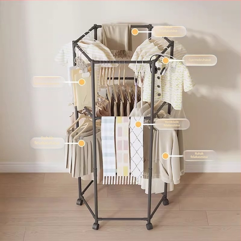 Padlón álló ruhaszárító állvány, ruhaszárító a hálószobába, multifunkcionális nagy kapacitású tárolópolc, ruhaszárító rúd, modern, minimalistikus otthoni dizájn