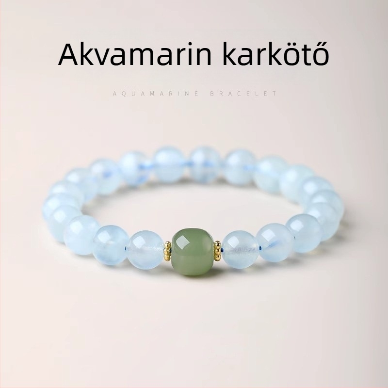Etno-stílusú minimalist egy szálas karkötő akvamarinnal és jáde csúcsgyöngggyel – uniszex