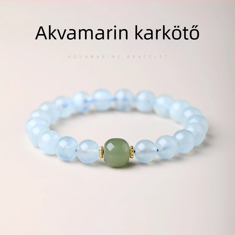 Etno-stílusú minimalist egy szálas karkötő akvamarinnal és jáde csúcsgyöngggyel – uniszex