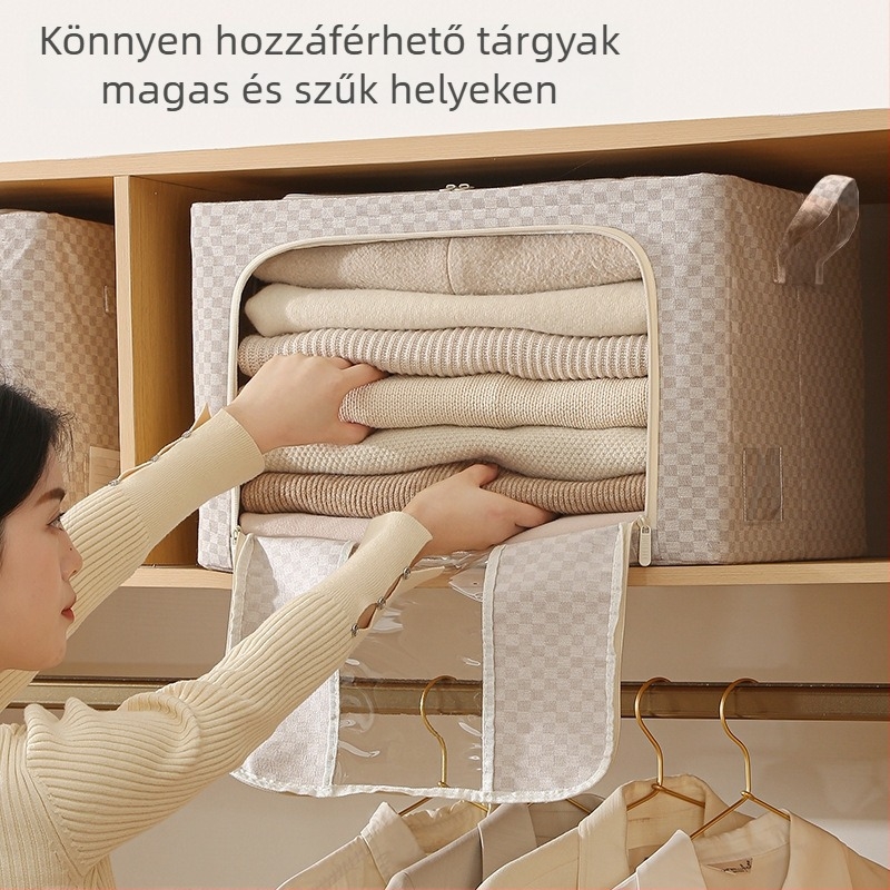 Kockás mintázatú ruhatároló doboz, megerősített porfestett acélszerkezet, összecsukható, por- és nedvességálló, paplanok és ruházat tárolására