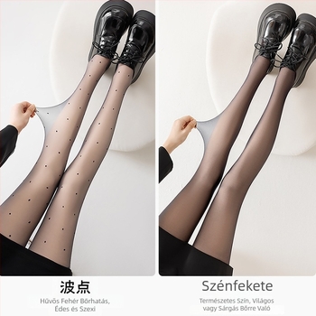 Női fekete nylon harisnya fleece-béléssel, pöttyös mintával, meleg ősz-télre, dupla rétegű, levehető leggings-szel