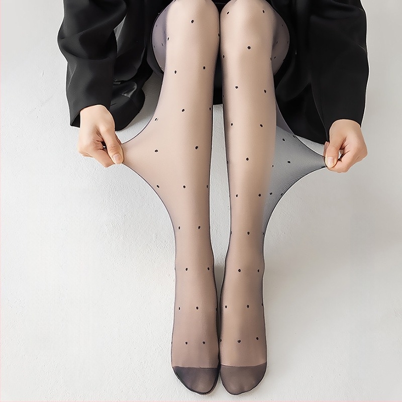 Női fekete nylon harisnya fleece-béléssel, pöttyös mintával, meleg ősz-télre, dupla rétegű, levehető leggings-szel