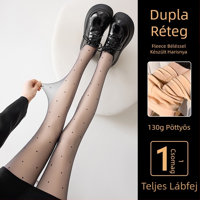 Női fekete nylon harisnya fleece-béléssel, pöttyös mintával, meleg ősz-télre, dupla rétegű, levehető leggings-szel