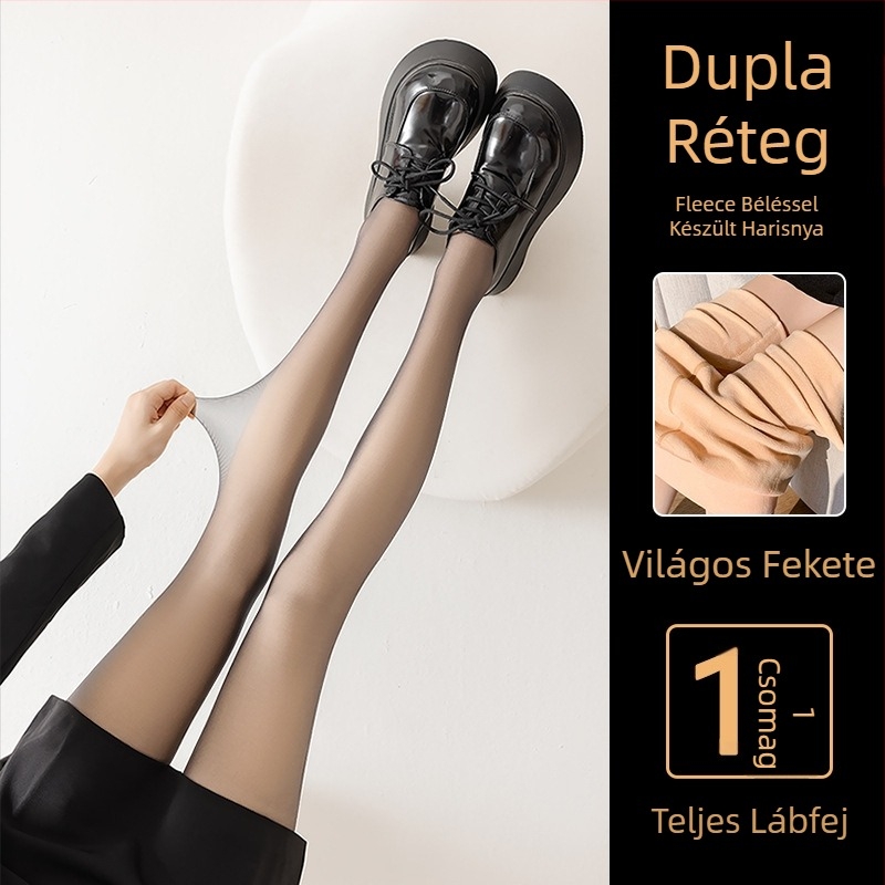 Női fekete nylon harisnya fleece-béléssel, pöttyös mintával, meleg ősz-télre, dupla rétegű, levehető leggings-szel