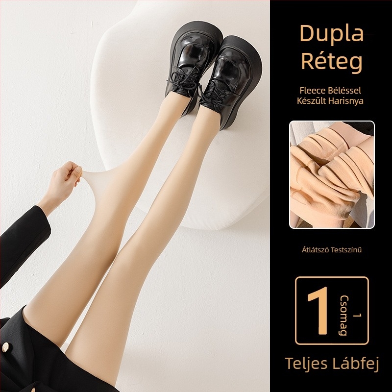 Női fekete nylon harisnya fleece-béléssel, pöttyös mintával, meleg ősz-télre, dupla rétegű, levehető leggings-szel