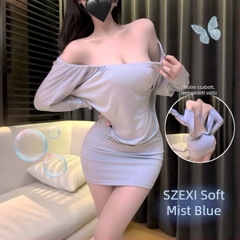 Trendi koreai stílusú váll nélküli ruha denevérszárnyú ujjaival, laza szabású mini ruha irodai viselethez
