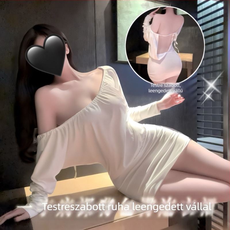 Trendi koreai stílusú váll nélküli ruha denevérszárnyú ujjaival, laza szabású mini ruha irodai viselethez