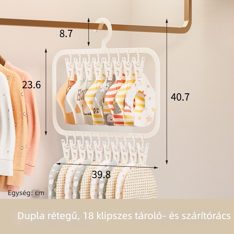 Gyerekeknek szánt, többcsipeszes vállfa a gardrób rendezéséhez és babák zoknijainak szárításához – többfunkciós ruhatartó