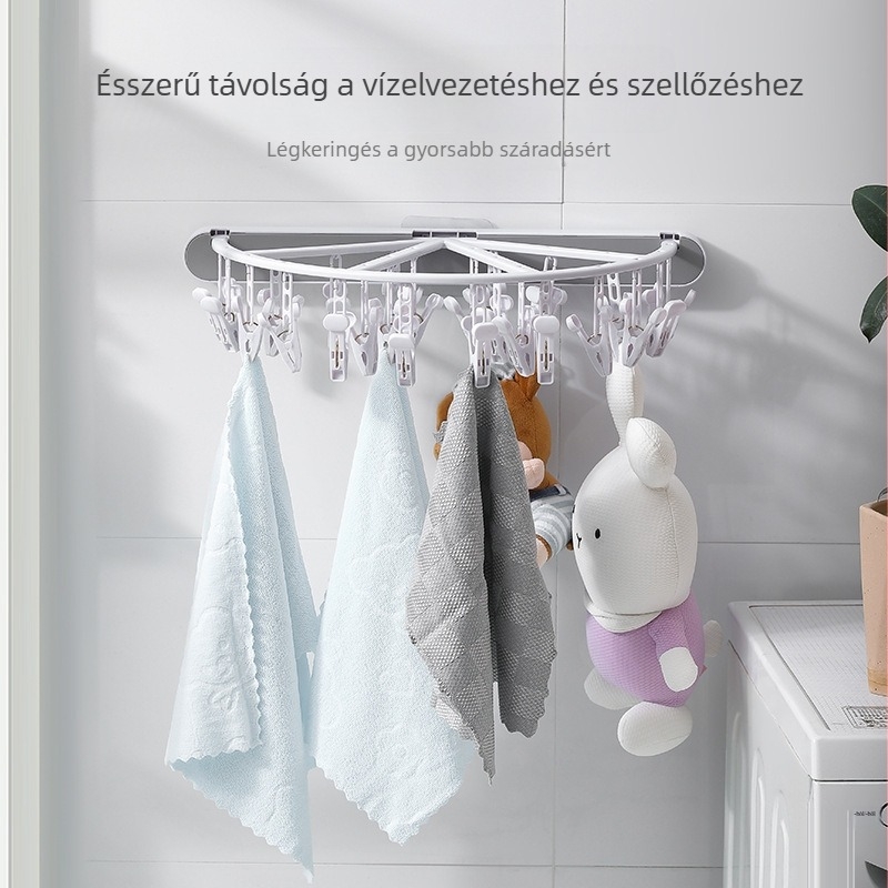 Fali szerelés nélküli, összecsukható ruhaszárító állvány zokni- és alsónemű tárolóval