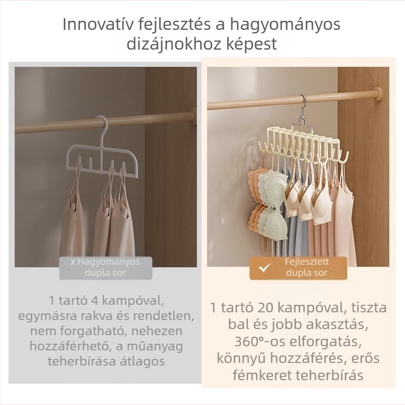 Forgó, állítható fehérnemű- és felsőruha akasztó, többfunkciós gardrób rendező, csúszásmentes felülettel