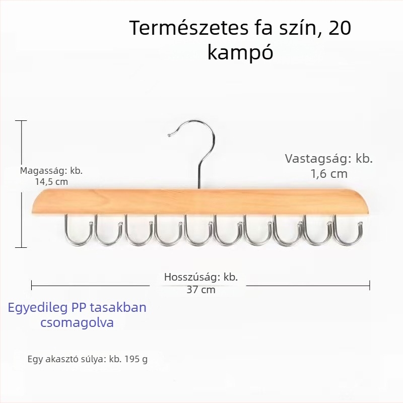 Tömörfa 20‑ágú ruhafogas övekhez, alsóneműkhöz és sálakhoz – gardróbba tartó tároló akasztó, modern minimalist dizájn