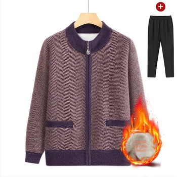 Időskorú nők téli fleece kardigán, vastag plüss kötött, meleg