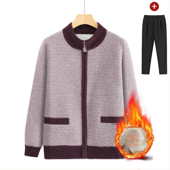 Időskorú nők téli fleece kardigán, vastag plüss kötött, meleg