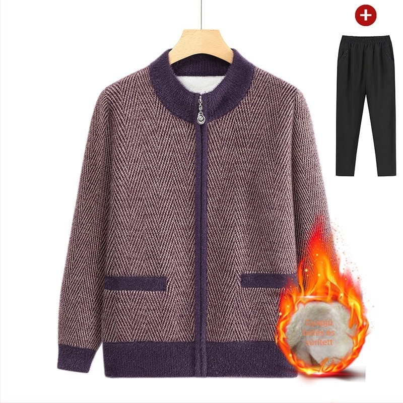 Időskorú nők téli fleece kardigán, vastag plüss kötött, meleg
