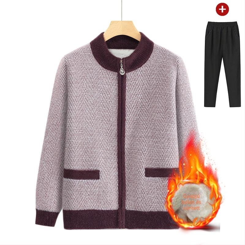 Időskorú nők téli fleece kardigán, vastag plüss kötött, meleg