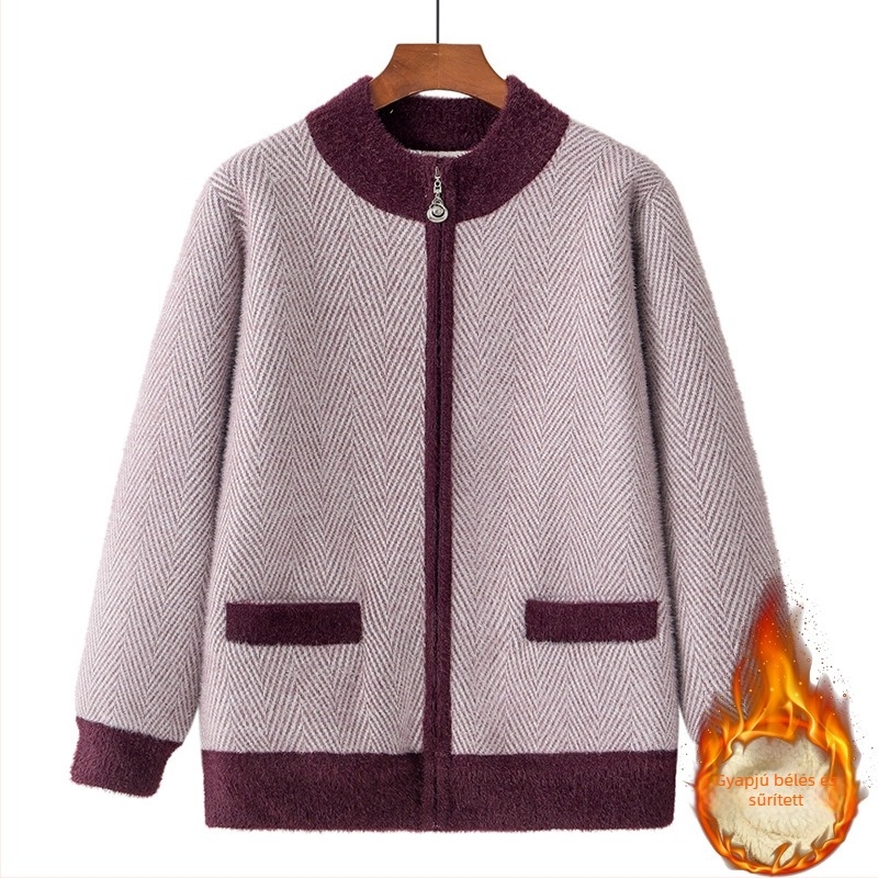 Időskorú nők téli fleece kardigán, vastag plüss kötött, meleg