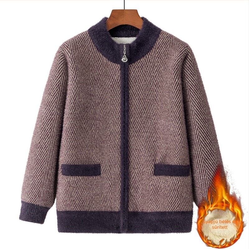 Időskorú nők téli fleece kardigán, vastag plüss kötött, meleg