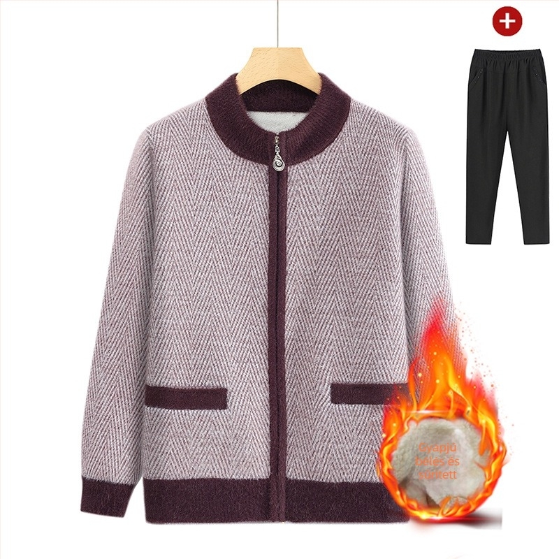 Időskorú nők téli fleece kardigán, vastag plüss kötött, meleg