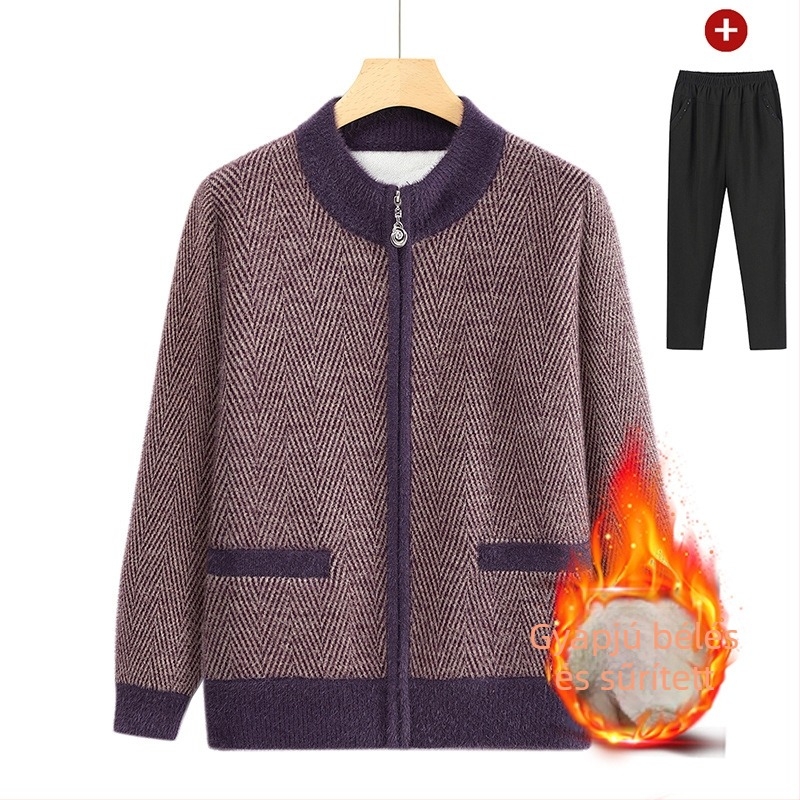 Időskorú nők téli fleece kardigán, vastag plüss kötött, meleg