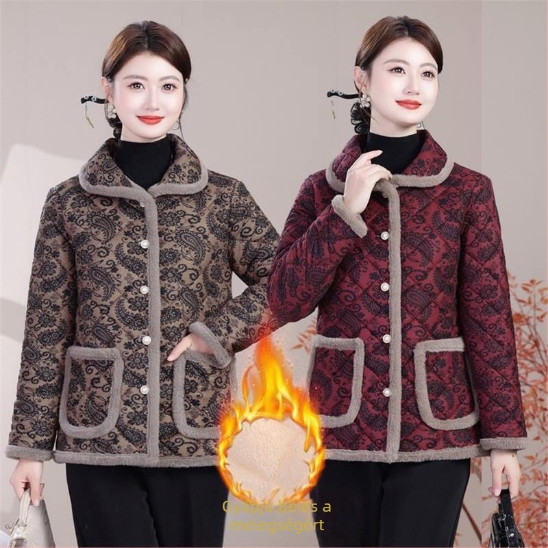 Női téli pamut-poliészter kabát plüss béléssel, meleg és elegáns, laza szabás, egy soros gombolás, etnikai stílus, középhosszú.