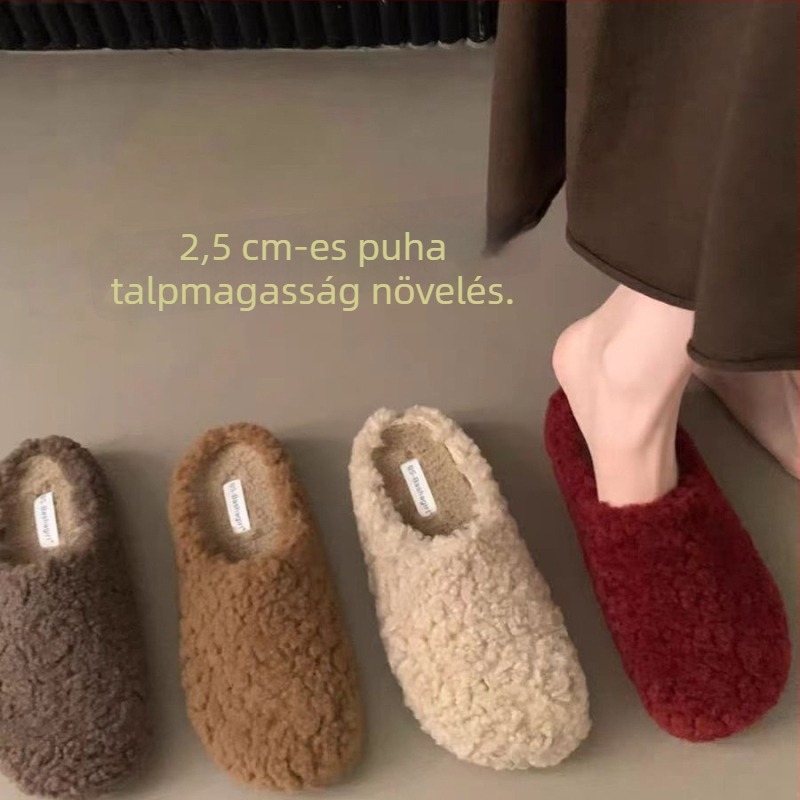 Női báránygyapjú papucs mesterszőrrel, meleg és kényelmes, zárt orrú, slip-on, 3-5 cm vastag talp, téli 2025