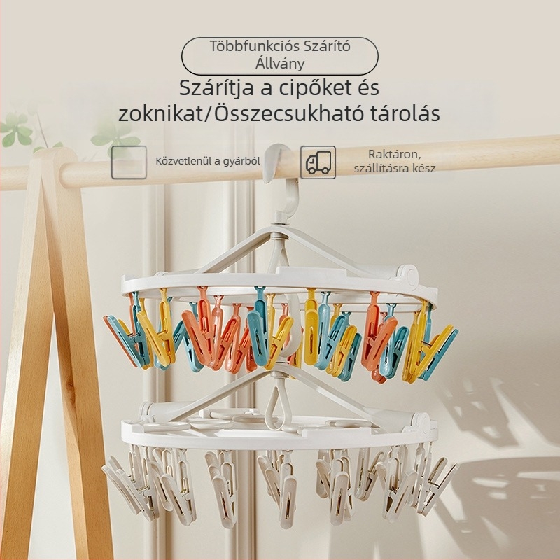 Háztartási ruhaszárító állvány forgó akasztóval, 24 csipeszes zoknikhoz, összecsukható, szélálló kialakítású