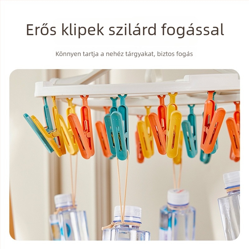 Háztartási ruhaszárító állvány forgó akasztóval, 24 csipeszes zoknikhoz, összecsukható, szélálló kialakítású