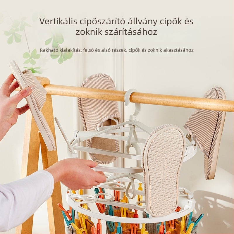 Háztartási ruhaszárító állvány forgó akasztóval, 24 csipeszes zoknikhoz, összecsukható, szélálló kialakítású