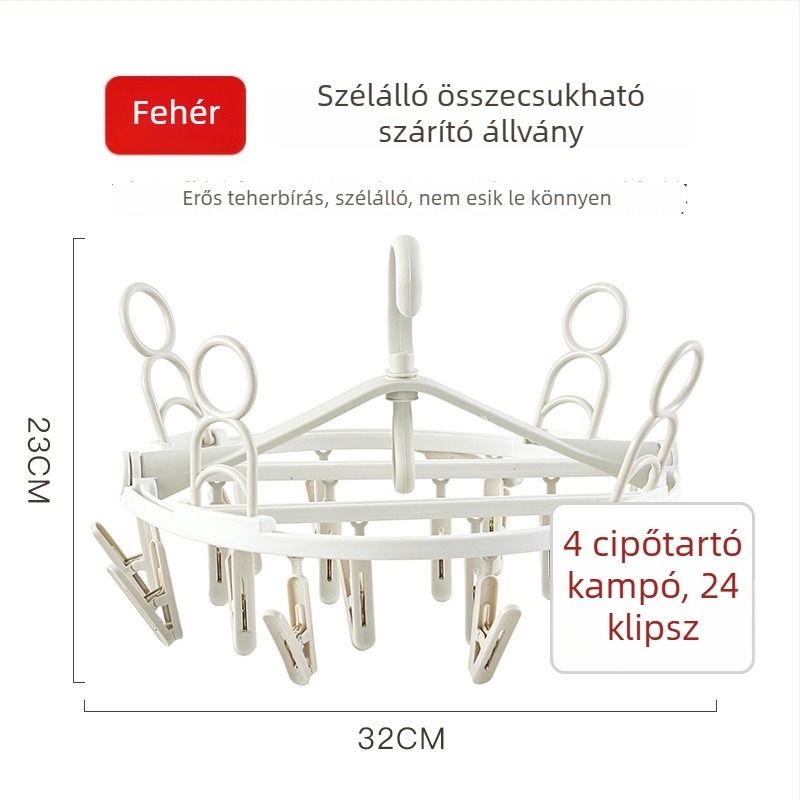 Háztartási ruhaszárító állvány forgó akasztóval, 24 csipeszes zoknikhoz, összecsukható, szélálló kialakítású