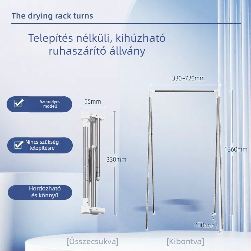 Padlón álló összecsukható beltéri ruhaszárító teleszkópos rúddal