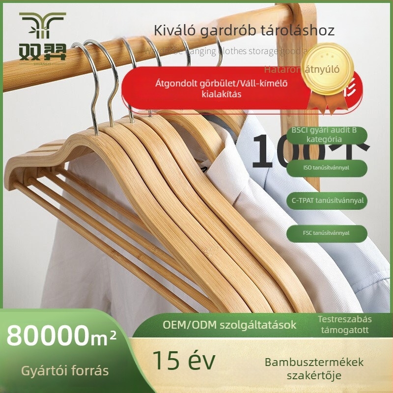 Nyom nélküli bambusz ruhakasztó készlet, 10 db, otthoni használatra, gardrób rendezés