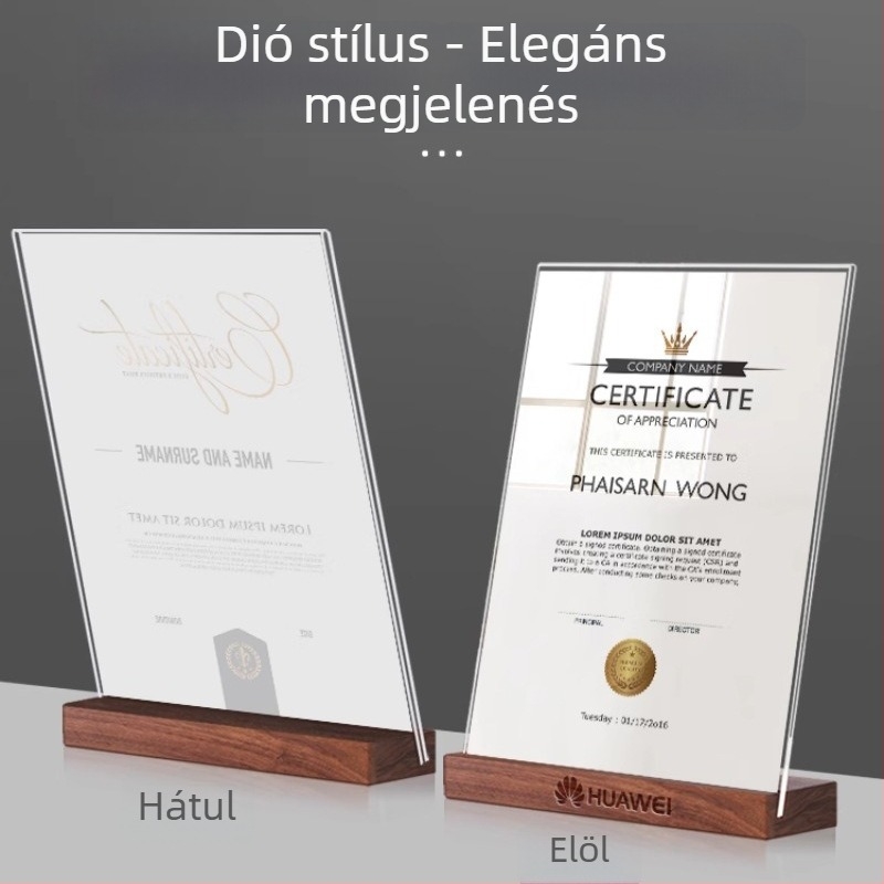 A4 akril tanúsítvány-megjelenítő keret – asztali állvány becsület- és kinevezési okmányokhoz, szabadalmi plakettekhez