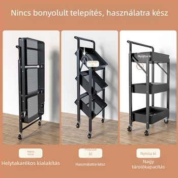 3-szintes padlóállvány görgőkkel, szénacélból készült, konyha, fürdőszoba és nappali tároló