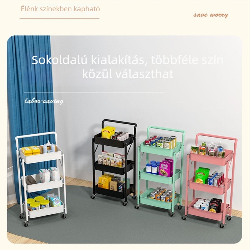 3-szintes padlóállvány görgőkkel, szénacélból készült, konyha, fürdőszoba és nappali tároló