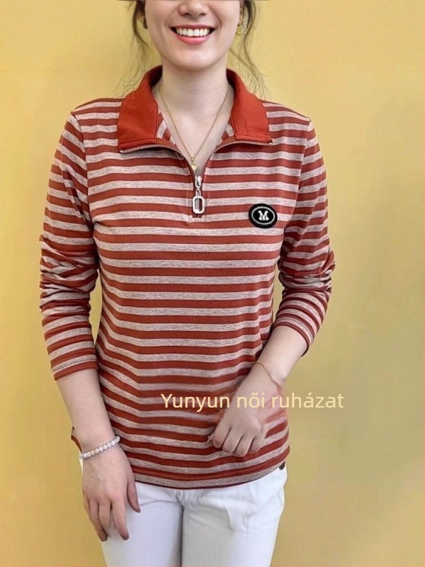 Csíkos felső cipzárral és reveres gallérral, hosszú ujjú, laza szabású, nőknek középkorúak és idősebbek