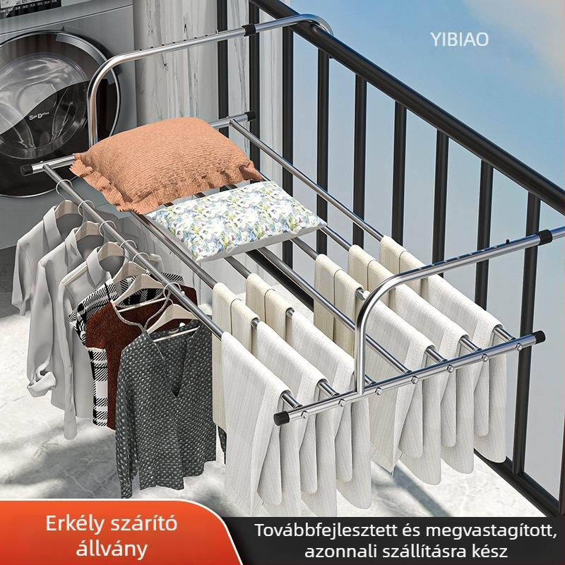 Rozsdamentes acélból készült erkélyi ruhaszárító állvány tolvajvédelmi ablakvédő korláttal, külső használatra, kihúzható és összecsukható, cipőtartó