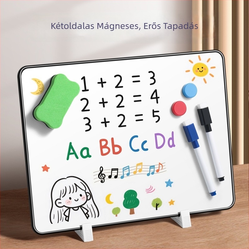 Asztali, kis, mágneses, kétoldalas fehér tábla állvánnyal és akasztási lehetőséggel, törölhető gyermekrajzokhoz