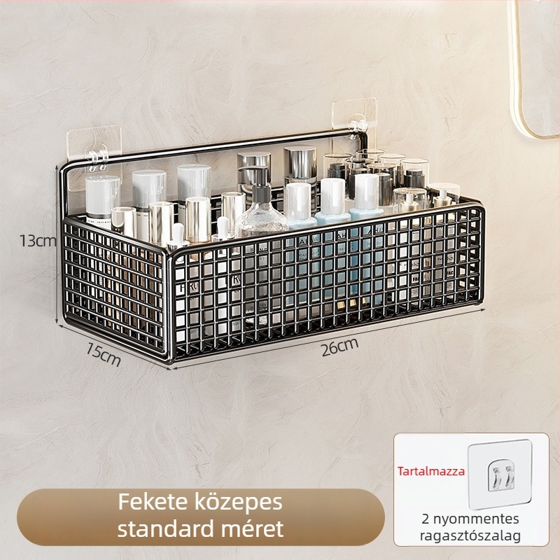 Fali fürdőszobai tárolópolc akasztós kosárral, fúrás nélküli szerelés