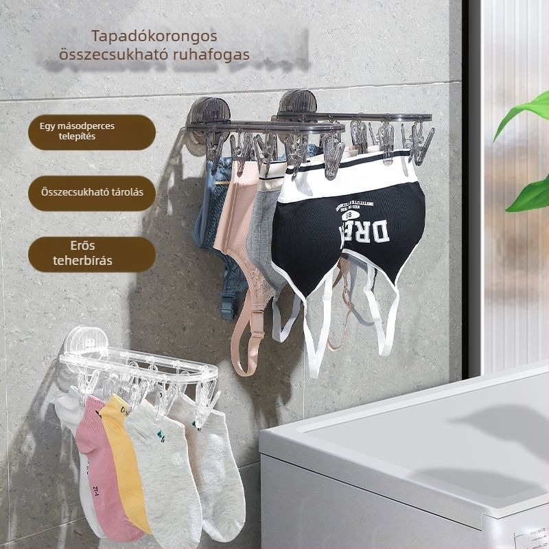 Szívócsészés ruhaszárító állvány, összecsukható, beltéri/balkon használatra, ideális fehérnemű és zokni számára, többszörös funkció, kreatív, fúrás nélkül
