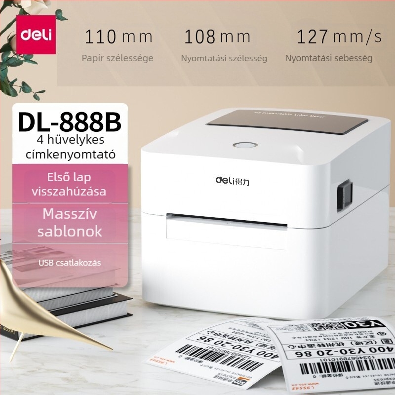 Deli DL-888B/888D 750W termikus címkék nyomtatója szállítási címkékhez, egyoldalas vonalkódos címke nyomtató