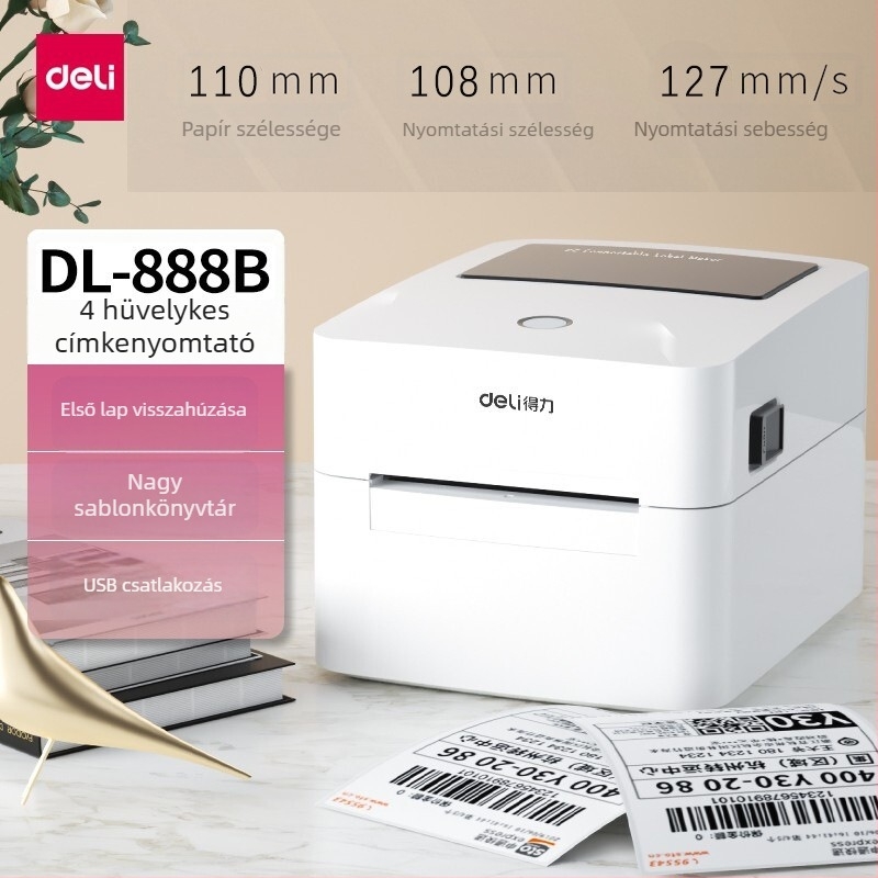Deli DL-888B/888D 750W termikus címkék nyomtatója szállítási címkékhez, egyoldalas vonalkódos címke nyomtató